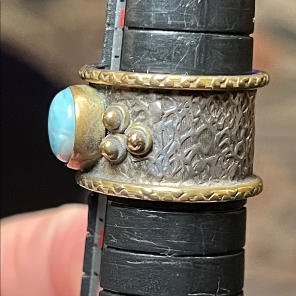 Vintage Boho Larimar Mixed Metal Brass Sterling Silver Wide Cigar Band Ring - Picture 2 of 6